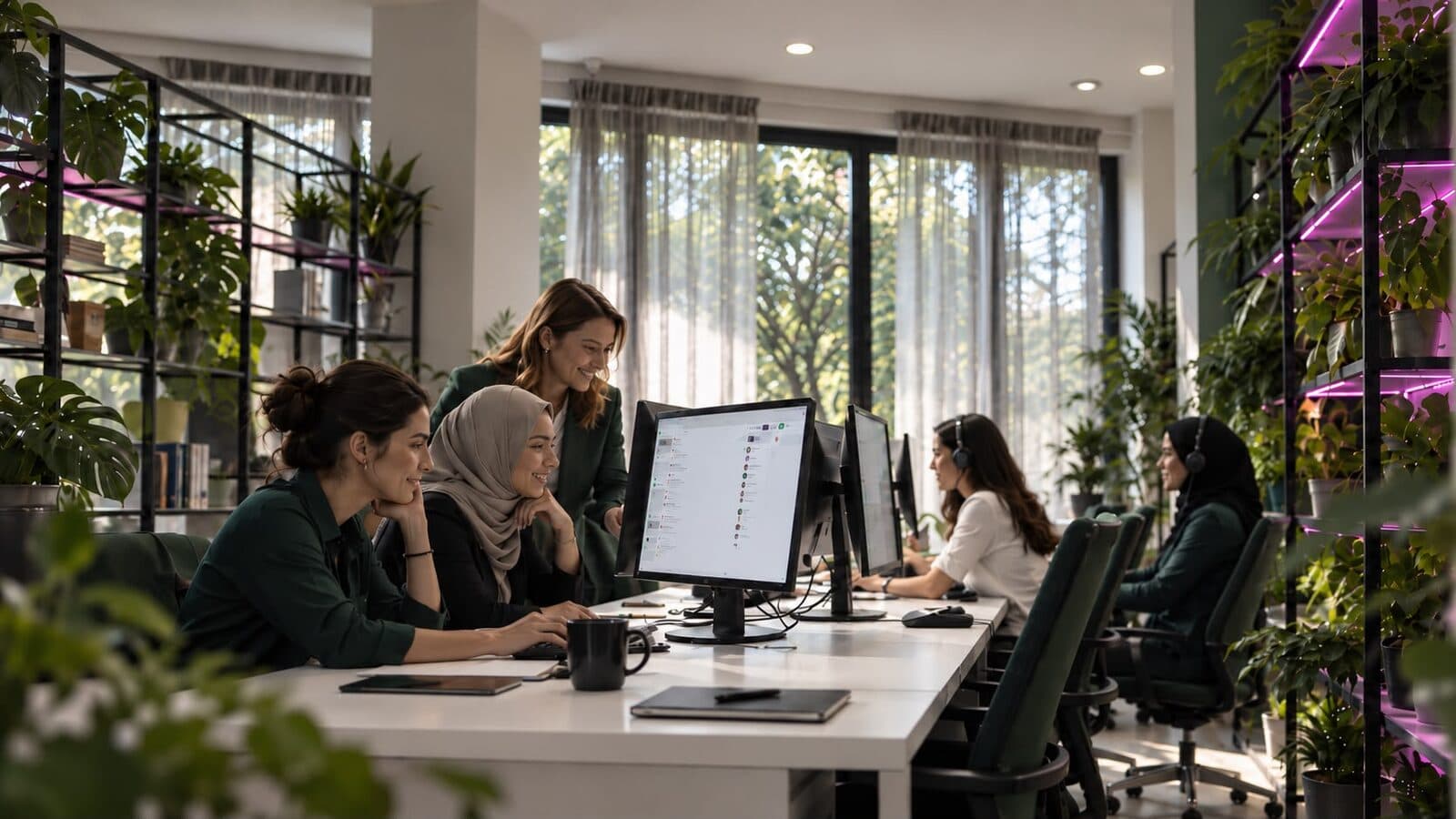 caredsk-Team mit Headsets im Büro in Istanbul: Kolleginnen bearbeiten gemeinsam Kundenanfragen am Bildschirm